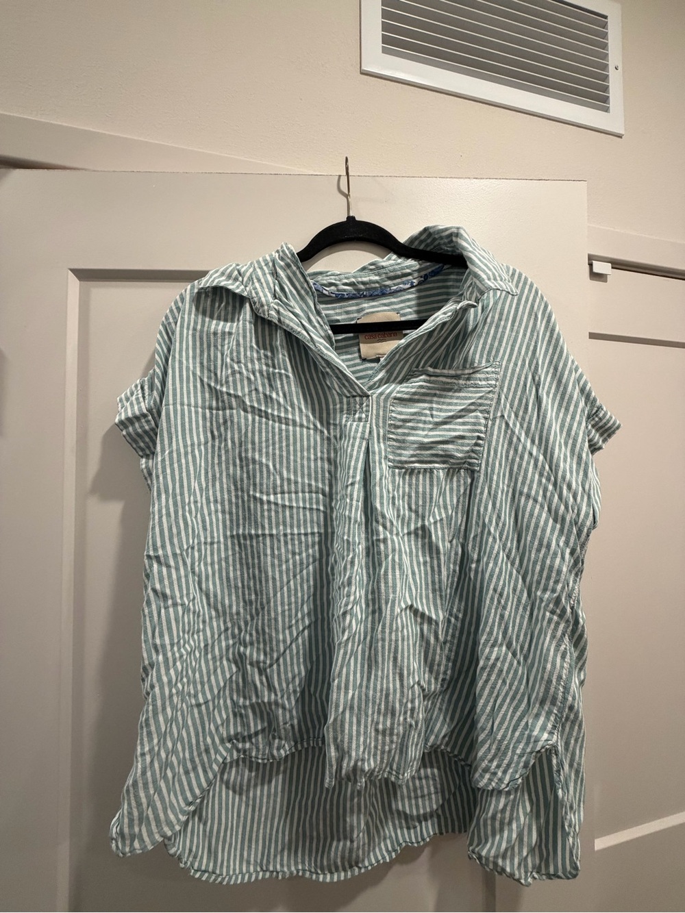 Light Blue Striped Women’s Button-Down Shirt with Chest Pocket
